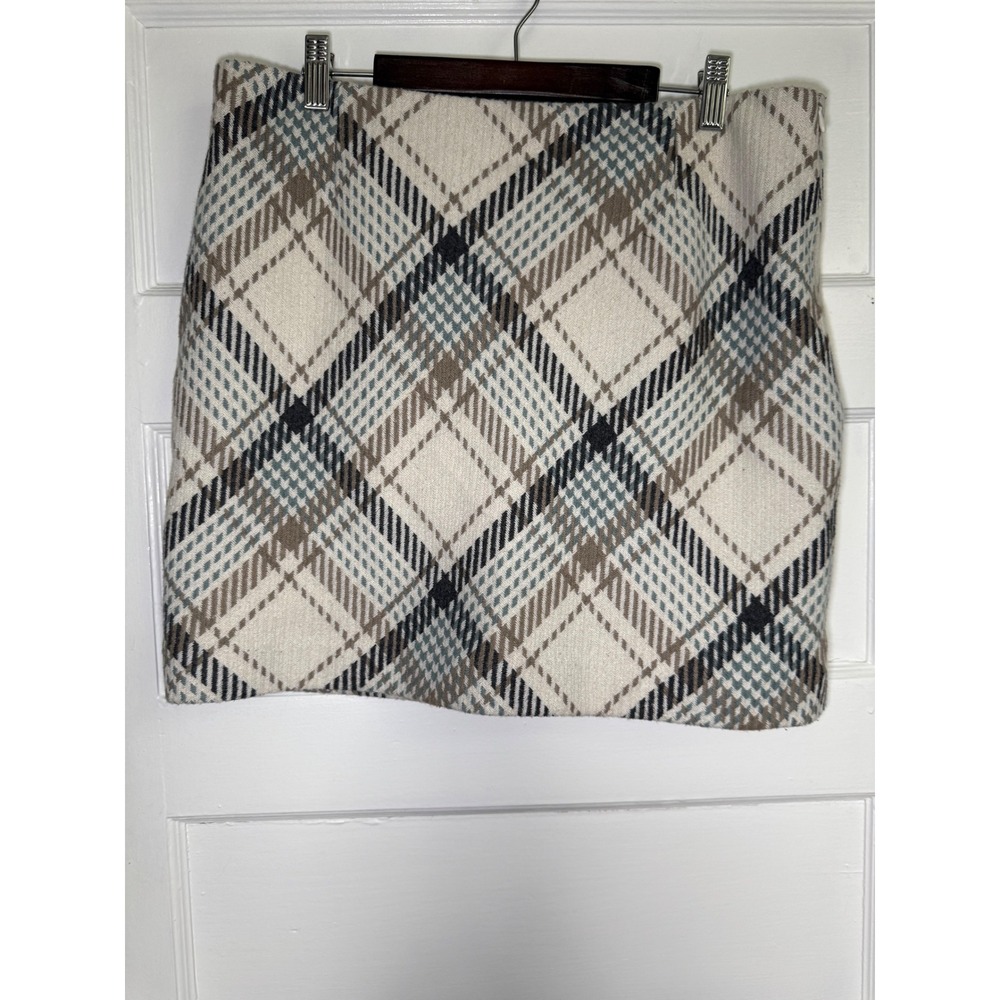 HM Women Cream Plaid Wool Blend Mini Skirt Size 12 A-Line Lined Side Zip